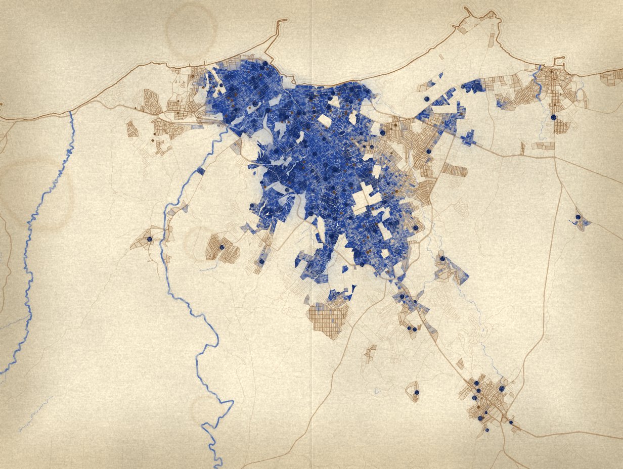 Map of Manta, Ecuador, printed in cyanotype blue: the city spreads along the Pacific coast, with blocks shaded deep blue where schools cluster