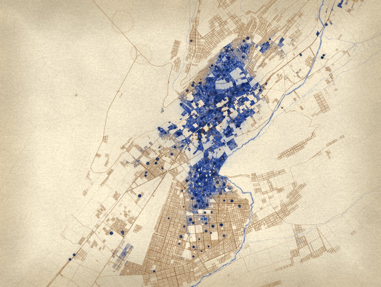 Map of Tacna, Peru, printed in cyanotype blue: the city runs northeast to southwest along the Caplina river, with blocks shaded deep blue where schools cluster